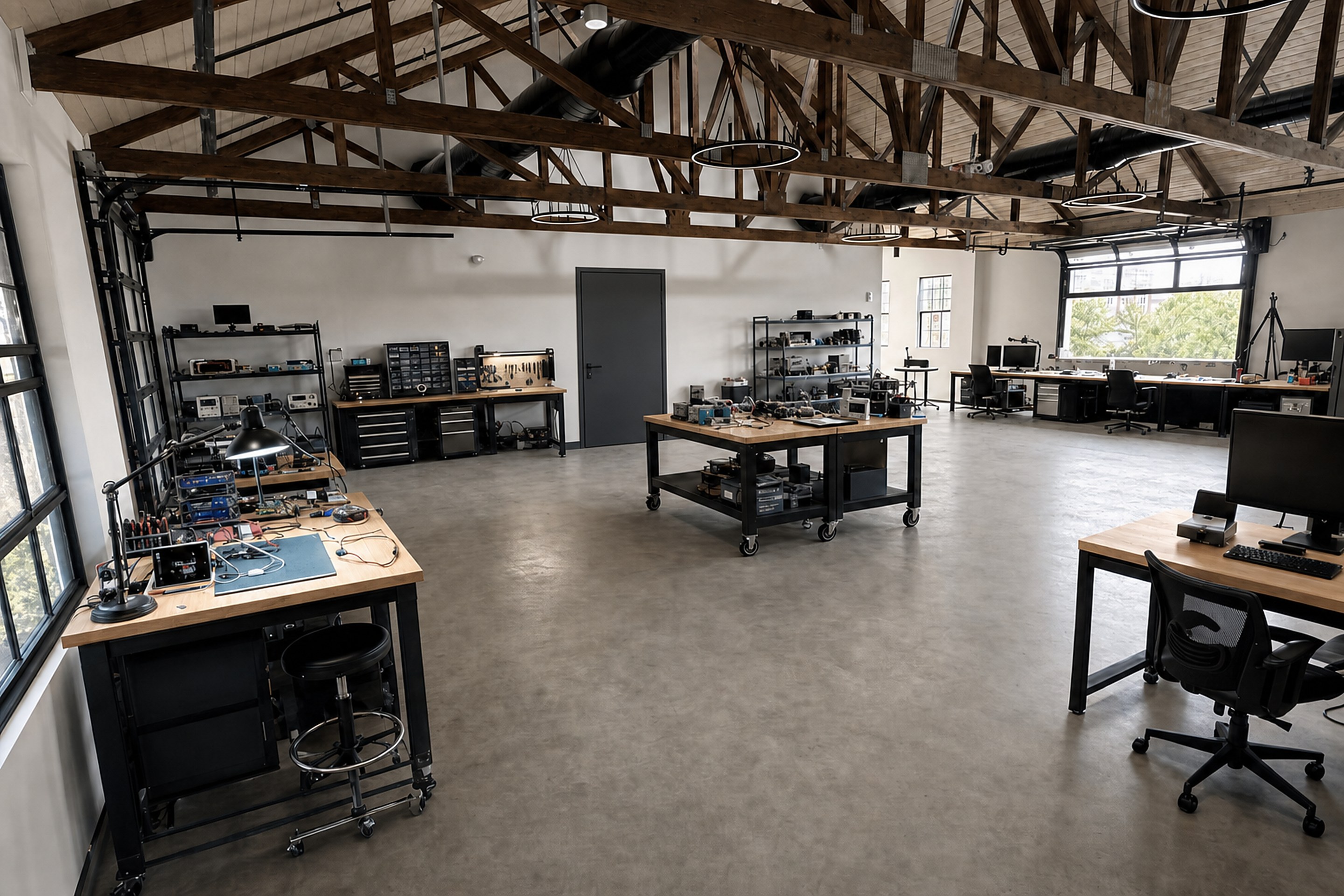 Inside the Wayland Autonomy workshop, benches, prototyping, and lab gear.