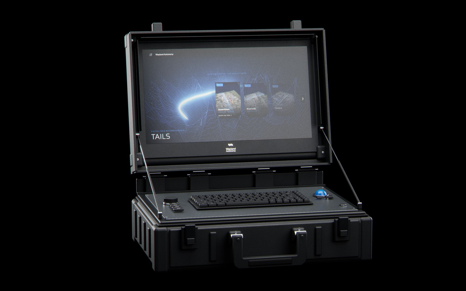 The DEN console, open, on a black stage